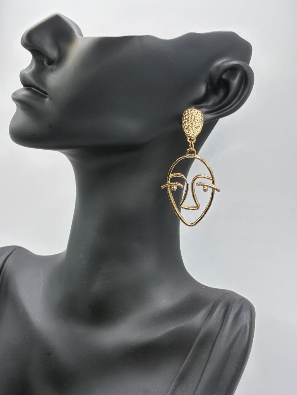 2.25" Hammered Gold Picasso Face Drop Earrings